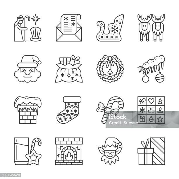 Christmas New Year Line Icon Set Editable Stroke Stock Illustration - Download Image Now - Fireplace, Icon Symbol, Animal Sleigh