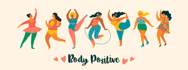 긍정적인 몸입니다. 행복 더하기 크기 여자와 적극적인 라이프 스타일. - woman dancing stock illustrations