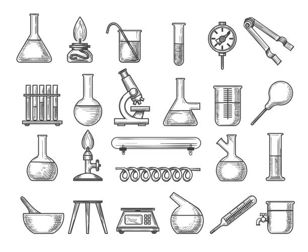 Vintage chemistry lab Vintage chemistry lab. Vector ink engraving retro physics laboratory pipe and scale, glass flasks and beaker isolated on white laboratory drawings stock illustrations