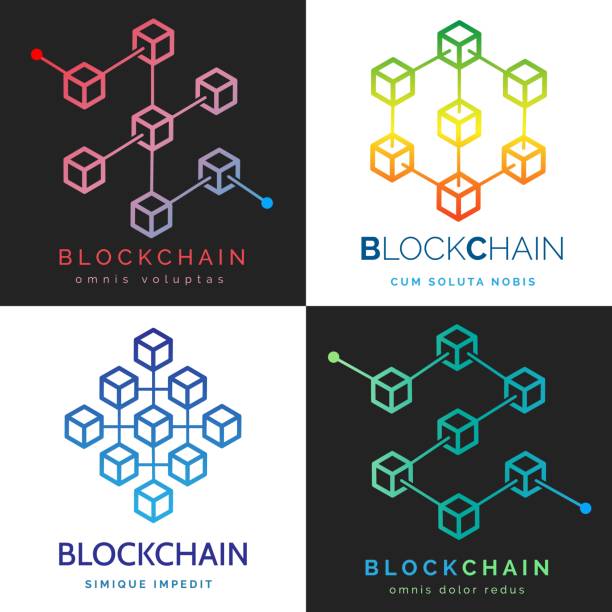 Blockchain logo set Blockchain logo. Internet finance cryptocurrency symbols, digital money crypto blocks chain logo set blockchain icons stock illustrations