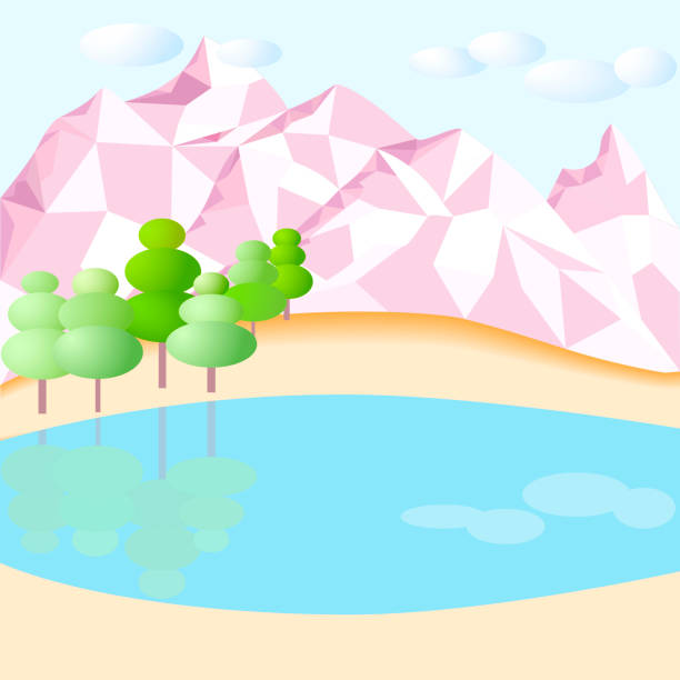 istock Pastel mountains, lake, forest and clouds. Surrealism 3d rendering picture 1001563736