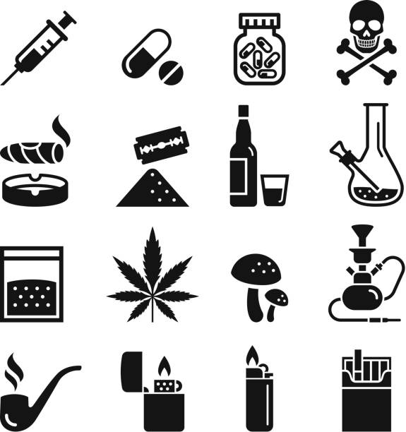 droge-symbole. vektor-illustrationen. - medicine syringe pill capsule stock-grafiken, -clipart, -cartoons und -symbole