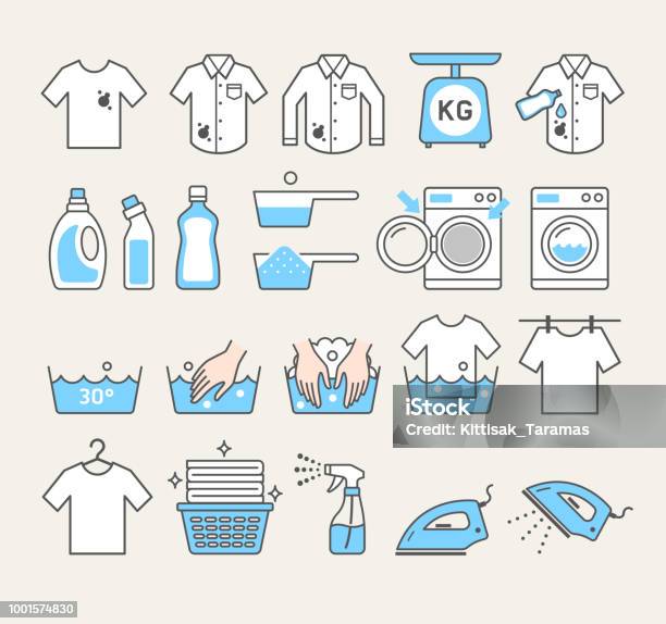 Laundry Service Icons Vector Illustrations Stock Illustration - Download Image Now - Laundry, Icon Symbol, Washing