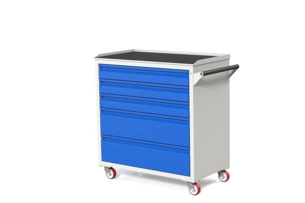 istock Metal tool cabinet-table on wheels with drawers. A convenient place for storing tools and spare parts. Service Garage Tools Box. 3D-model rendering of the table for shooting from above. 1001579152