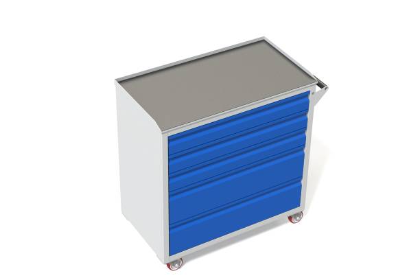 istock Metal tool cabinet-table on wheels with drawers. A convenient place for storing tools and spare parts. Service Garage Tools Box. 3D-model rendering of the table for shooting from above. 1001579214