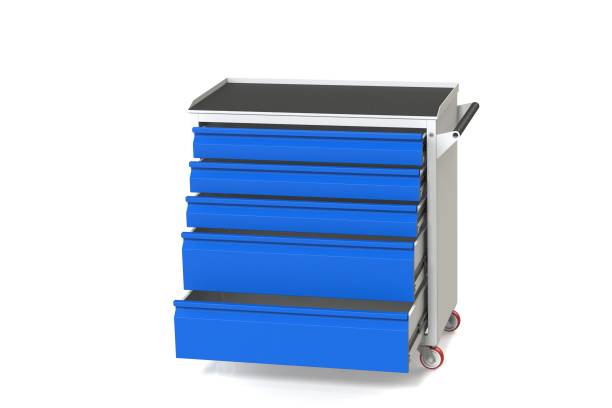 istock Metal tool cabinet-table on wheels with drawers. A convenient place for storing tools and spare parts. Service Garage Tools Box. 3D-model rendering of the table for shooting from above. 1001579320