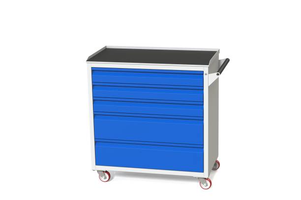 istock Metal tool cabinet-table on wheels with drawers. A convenient place for storing tools and spare parts. Service Garage Tools Box. 3D-model rendering of the table for shooting from above. 1001579340