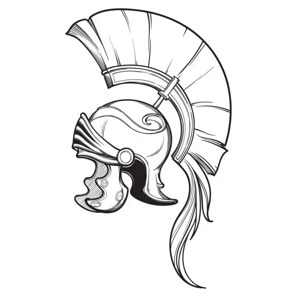 Vector illustration of Galea. Roman Imperial helmet with crest tipically worn by centurion. Side view. Heraldry element. Black a nd white drawing isolated on white background.
