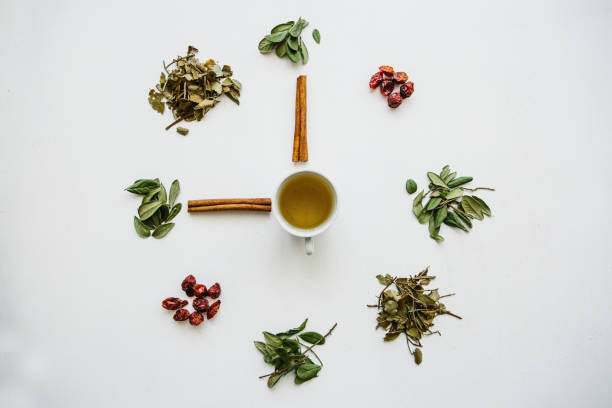istock A concept or creative idea that means tea time. Useful herbal or green tea in the center and around the various dried herbs for its preparation 1001583702