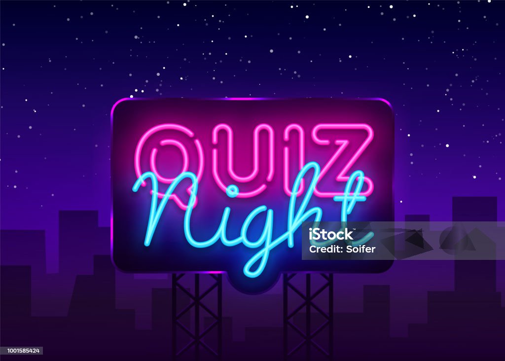 Quiz night announcement poster vector design template. Quiz night neon signboard, light banner. Pub quiz held in pub or bar, night club. Questions game bright retro light sign. Vector Billboard Quiz night announcement poster vector design template. Quiz night neon signboard, light banner. Pub quiz held in pub or bar, night club. Questions game bright retro light sign. Vector Billboard. Quiz Night stock vector