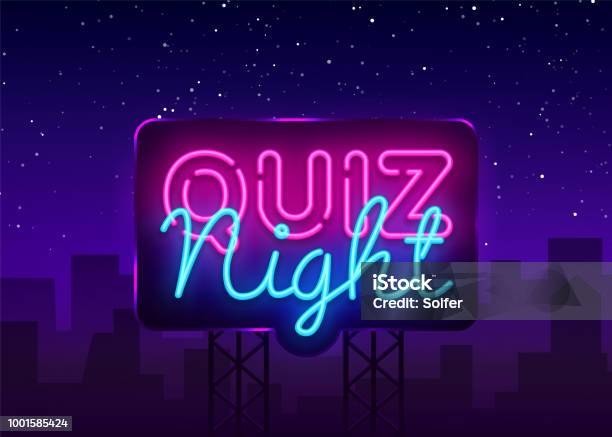 Quiz Night Announcement Poster Vector Design Template Quiz Night Neon Signboard Light Banner Pub Quiz Held In Pub Or Bar Night Club Questions Game Bright Retro Light Sign Vector Billboard Stock Illustration - Download Image Now