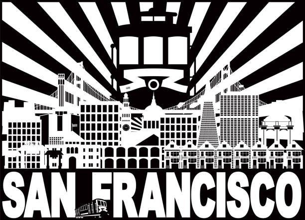 ilustrações, clipart, desenhos animados e ícones de san francisco ca city skyline com trole sol raios ponte golden gate e o vetor de texto ilustração - chinatown san francisco chinatown san francisco county cityscape