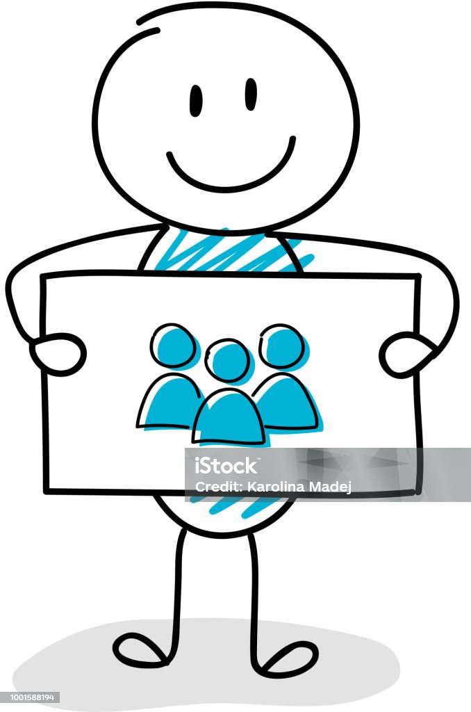 Smiley stickman holding board with team (group of people) icon. Vector. Cartoon stock vector
