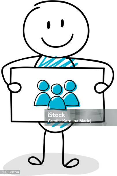 Smiley Stickman Holding Board With Team Icon Vector Stock Illustration - Download Image Now