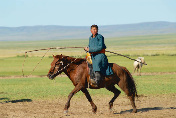 mongolski nastolatek chłopiec ubrany w tradycyjny strój pozbywa się na koniu z powrotem w stepie w kharkhorin, mongolia - cowboy horseback riding nature blue zdjęcia i obrazy z banku zdjęć