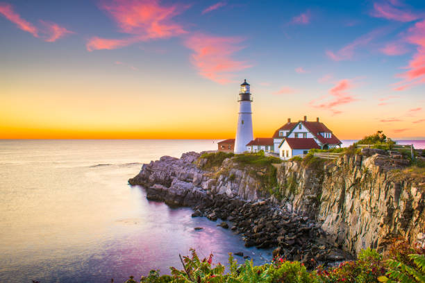 Portland Head Light Cape Elizabeth, Maine, USA at Portland Head Light. maine landscape new england sunset stock pictures, royalty-free photos & images