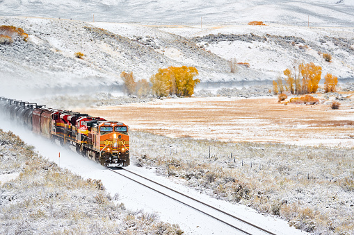 Train transporting tank cars. Season changing, first snow and autumn trees. Rocky Mountains, Colorado, USA.