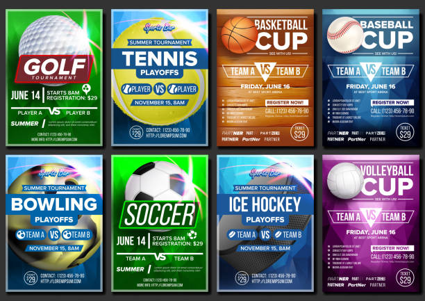 illustrations, cliparts, dessins animés et icônes de sport affiche set vector. hockey sur glace, bowling, basket-ball, golf, tennis, soccer, baseball, football. bannière publicitaire. annonce d’événement. boule. a4 modèle de taille. illustration de jeu championship - sewing foot