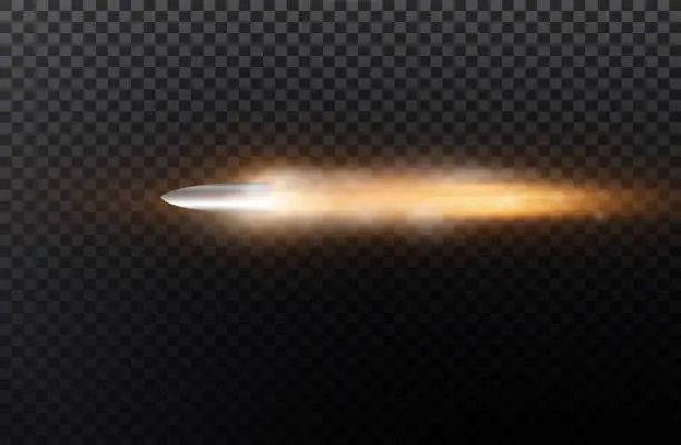 Vector illustration of Flying bullet with dust trail. Isolated on black transparent background. Vector illustration