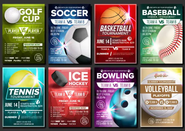 Vector illustration of Sport Poster Set Vector. Tennis, Basketball, Soccer, Golf, Baseball, Ice Hockey, Bowling. Event Announcement. Banner Template Advertising. League. Tournament. Vertical Sport Invitation Illustration