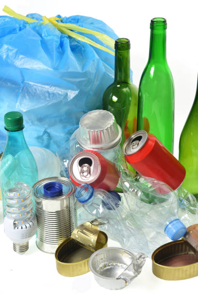 istock trash for recycling with paper glass bottles, cans, plastic bottle, light bulb 1001600862