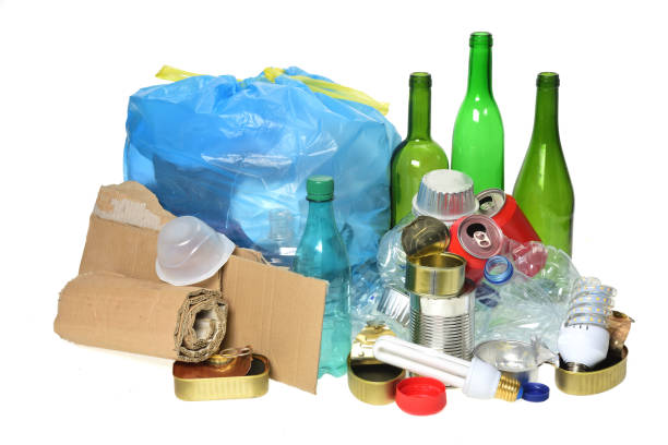 istock trash for recycling with paper glass bottles, cans, plastic bottle, light bulb 1001600886