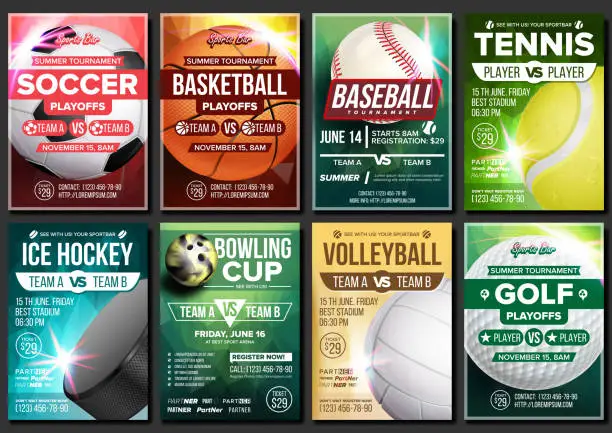 Vector illustration of Sport Poster Vector. Soccer, Tennis, Golf, Basketball, Bowling, Baseball, Ice Hockey. Event Design Template. Sport Bar Promo, Bowling Ball. Tournament A4 Championship Flyer Announcement Illustration