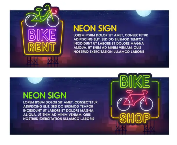 Vector illustration of Banner theme bike. Night city. Sign neon. Bike rent. Bright billboard. Bicycle flyer, logo, emblem and label. Bright signboard, light banner. Vector illustration.