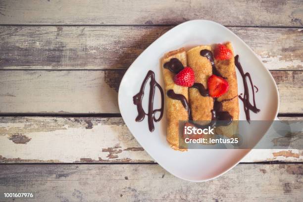 Crepes With Fresh Strawberries And Chocolate Syrop Stock Photo - Download Image Now - Backgrounds, Berry, Breakfast