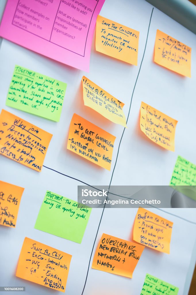White Flip Chart Board With Coloured Postit Notes Stock Photo