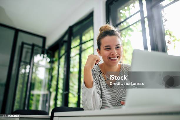 Beautiful Smiling Girl Using Laptop Closeup Stock Photo - Download Image Now - Laptop, Computer, People