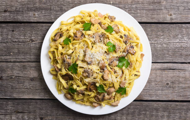 istock Pasta tagliatelle with chicken meat and mushroom 1001622086