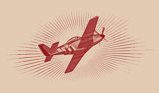 Engraving illustration of a World War II P-51 Mustang Airplane flying with cloudscape background.