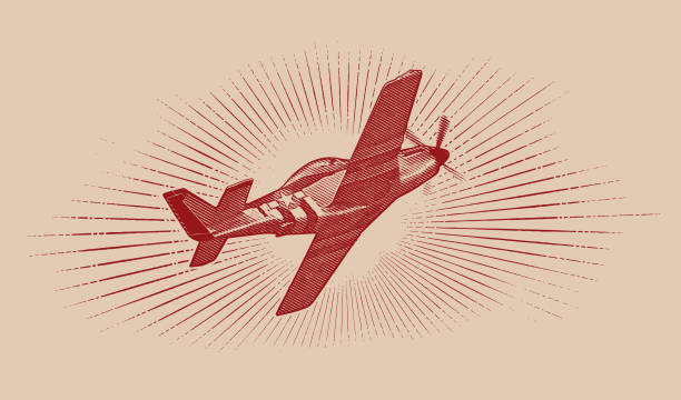 World War II P-51 Mustang Airplane. Engraving illustration of a World War II P-51 Mustang Airplane flying with cloudscape background. mustang stock illustrations
