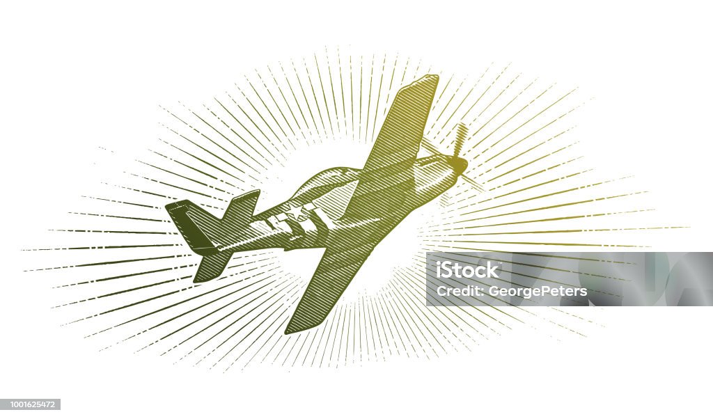 World War II P-51 Mustang Airplane. Engraving illustration of a World War II P-51 Mustang Airplane flying with cloudscape background. Armed Forces stock vector