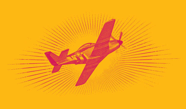 World War II P-51 Mustang Airplane. Engraving illustration of a World War II P-51 Mustang Airplane flying with cloudscape background. p 51 mustang stock illustrations