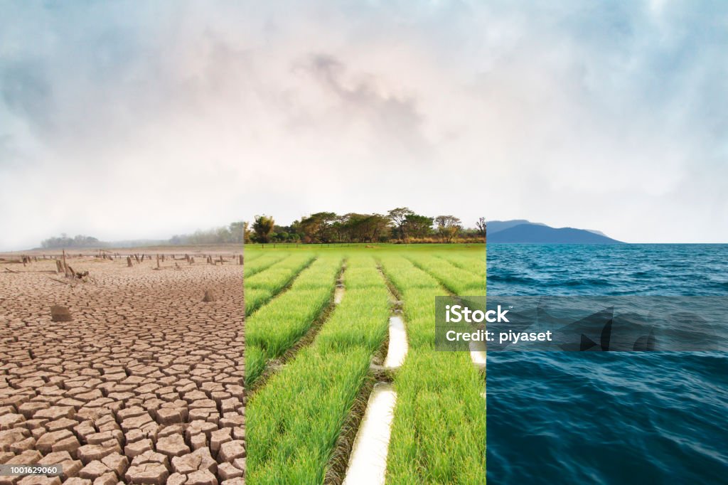 Climate change and World environmental Climate change, compare image with Drought, Green field and Ocean metaphor Nature disaster, World climate and Environment, Ecology system. Climate Change Stock Photo