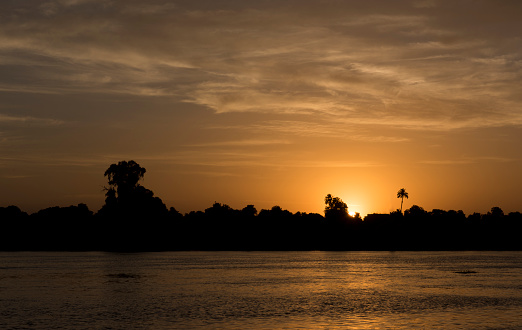 Silhouette of tropical river bank at dusk sunset with palm tree and sun in orange sky