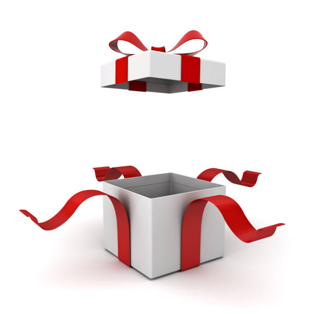 Open gift box present box with red ribbon bow isolated on white background with shadow 3D rendering Open gift box present box with red ribbon bow isolated on white background with shadow 3D rendering unfolded stock pictures, royalty-free photos & images