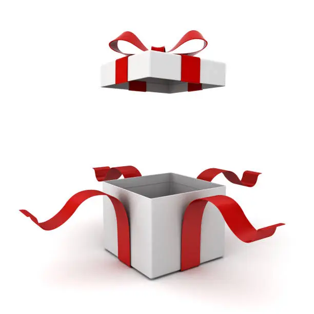Open gift box present box with red ribbon bow isolated on white background with shadow 3D rendering