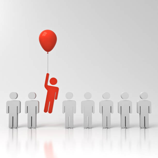 stand out from the crowd and different creative idea concept one man flying away from other people with red balloon on white grey background with reflections 3d rendering - individuality standing out from the crowd contrasts competition imagens e fotografias de stock