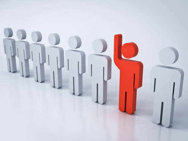 istock Stand out from the crowd and different creative idea concepts One red man raising his hand among other white people on white gray background with shadows and reflections 3D rendering 1001638758