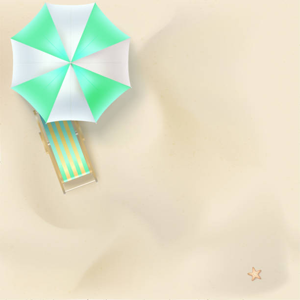 istock Sun lounger under sun parasol on the sandy beach. Summer sandy beach, sun umbrella, deck chair, top view. Vector horizontal 3D illustration of summer holidays on sunny beach, flat lay 1001639356