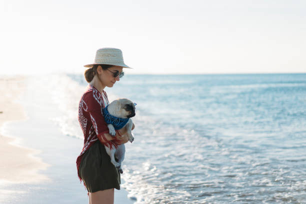 istock Woman with dog on beach 1001639616