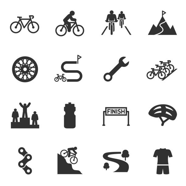 Bicycle riding, cycling icons set. Bike and attributes. Bicycle riding, cycling monochrome icons set. Bike and attributes, simple symbols collection bike stock illustrations