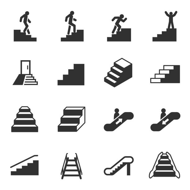 ilustraciones, imágenes clip art, dibujos animados e iconos de stock de escalera, conjunto de iconos monocromo - escalón y escalera