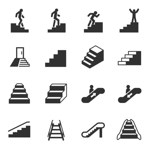 Staircase, monochrome icons set Staircase, monochrome icons set. simple symbols collection caution step stock illustrations