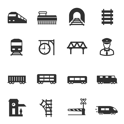 train and railways, monochrome icons set. intercity, international, freight trains, simple symbols collection