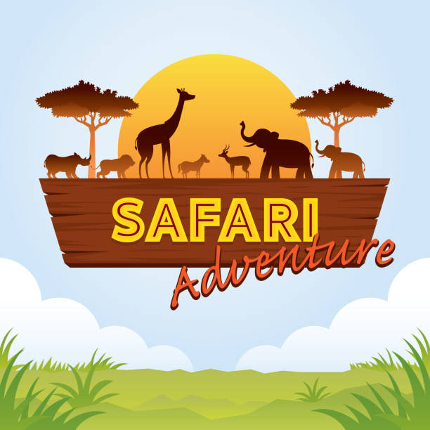 stockillustraties, clipart, cartoons en iconen met afrikaanse safari avontuur teken - zoo