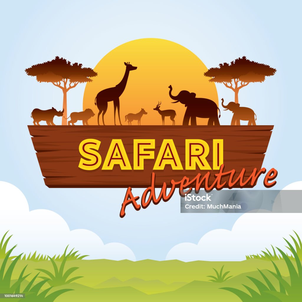 African Safari Adventure Sign with Animals Silhouette, Nature and Wildlife Safari stock vector